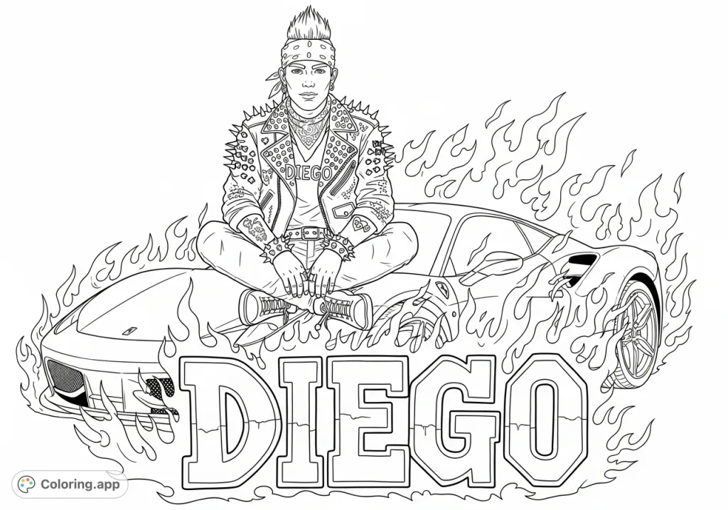 A cool punk rocker named Diego, clad in a studded leather jacket, sits cross-legged on a flaming Ferrari. This dynamic scene is set above bold 'DIEGO' graffiti. Perfect for rebels.