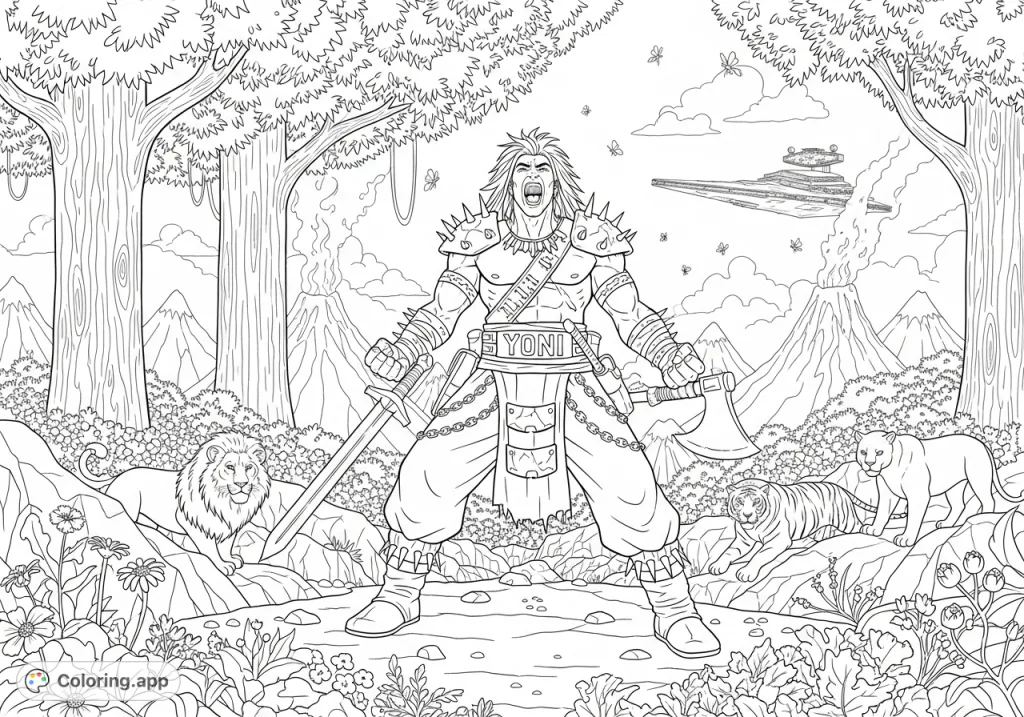 A powerful warrior stands ready amidst a rugged planetary landscape with mountains, volcanoes, and a lush forest, under the gaze of a Star Destroyer.