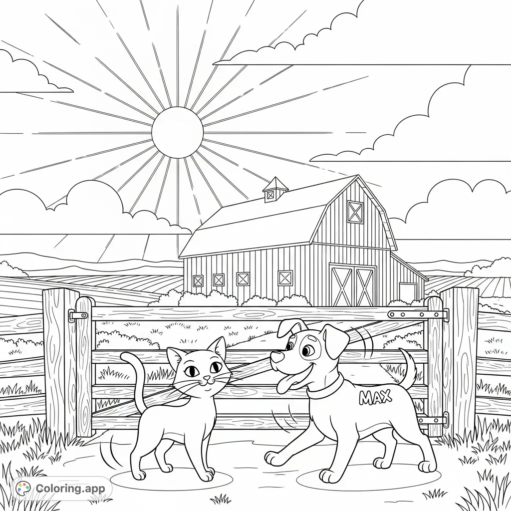 Join Bella the cat and Max the dog happily standing at a farm gate with a classic barn and shining sun in the background. A charming rural scene.