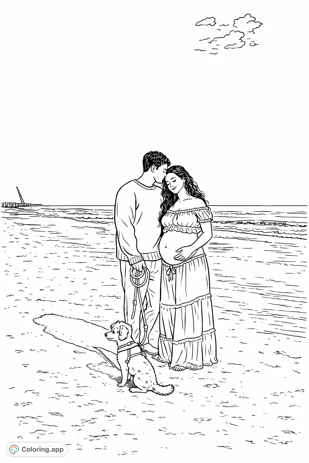 Celebrate new beginnings with this maternity beach coloring page featuring an expectant couple and their beloved dog. A tender moment by the ocean.