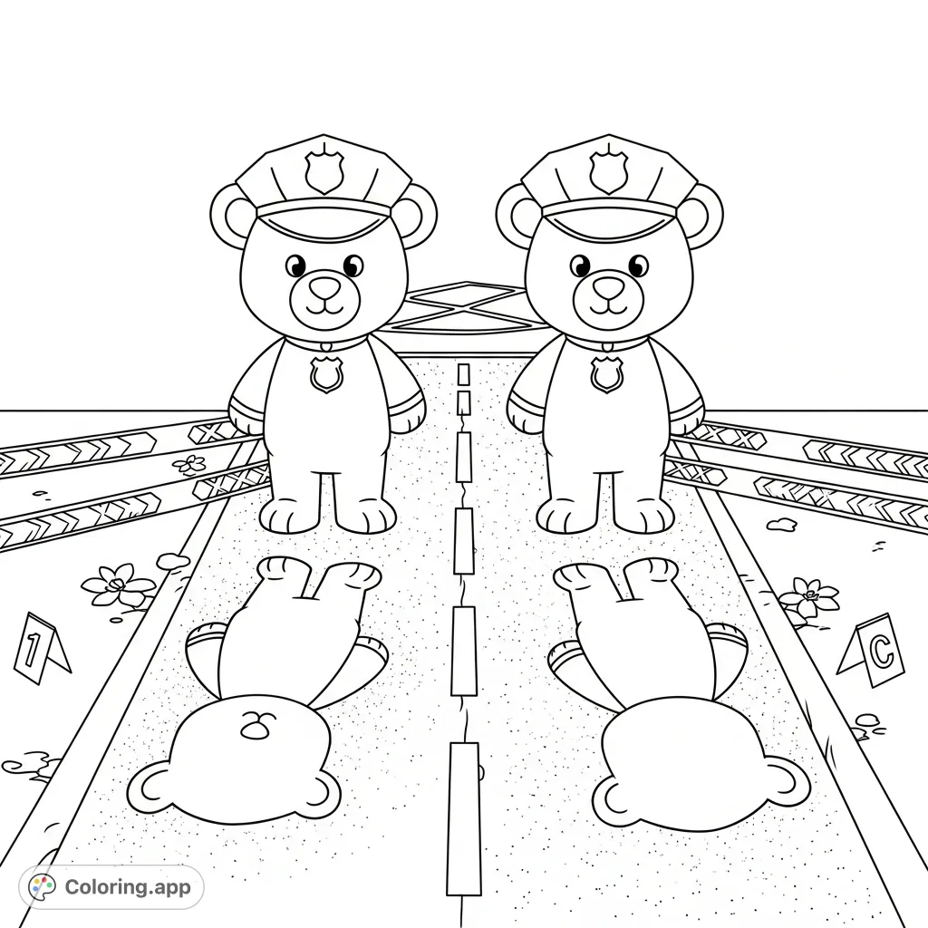 Two cute Bobbie Goods style bears, dressed as police, investigate a mysterious crime scene on a road, marked by bear silhouettes and patterned tape.