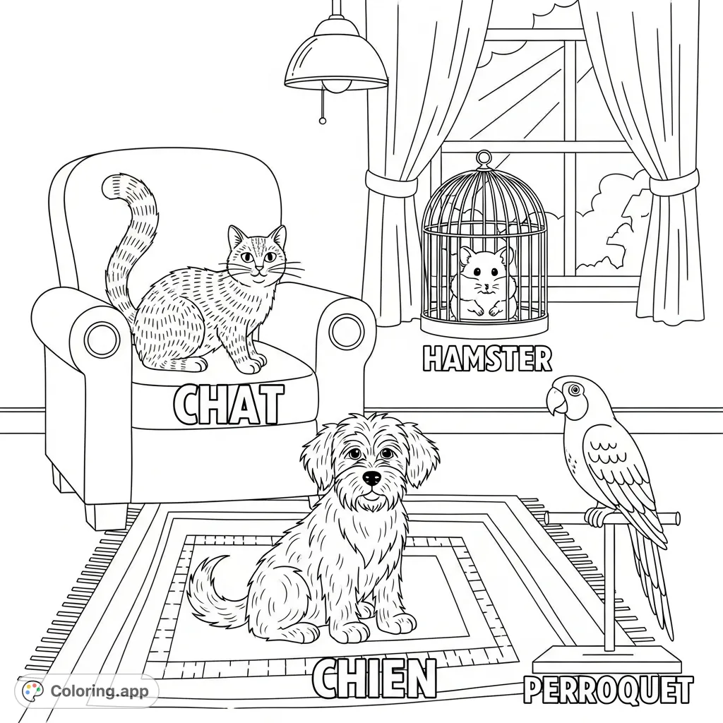 A charming domestic animals coloring page featuring a cat, dog, hamster, and parrot with their French names in a cozy living room, perfect for all ages!