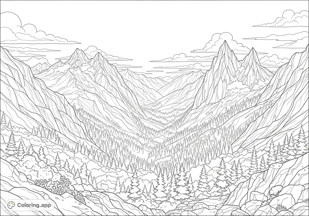 Explore the majestic beauty of towering mountain peaks, rugged rock formations, and serene valleys in this detailed nature landscape. Perfect for all ages.