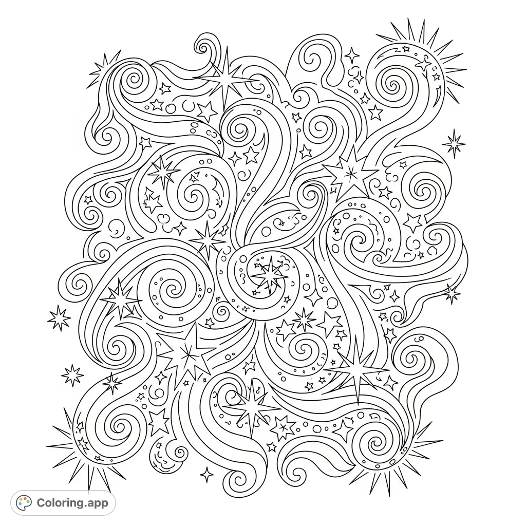 An abstract doodle coloring page filled with intricate swirls and numerous shining stars. A dynamic design perfect for imaginative colorists of all ages.