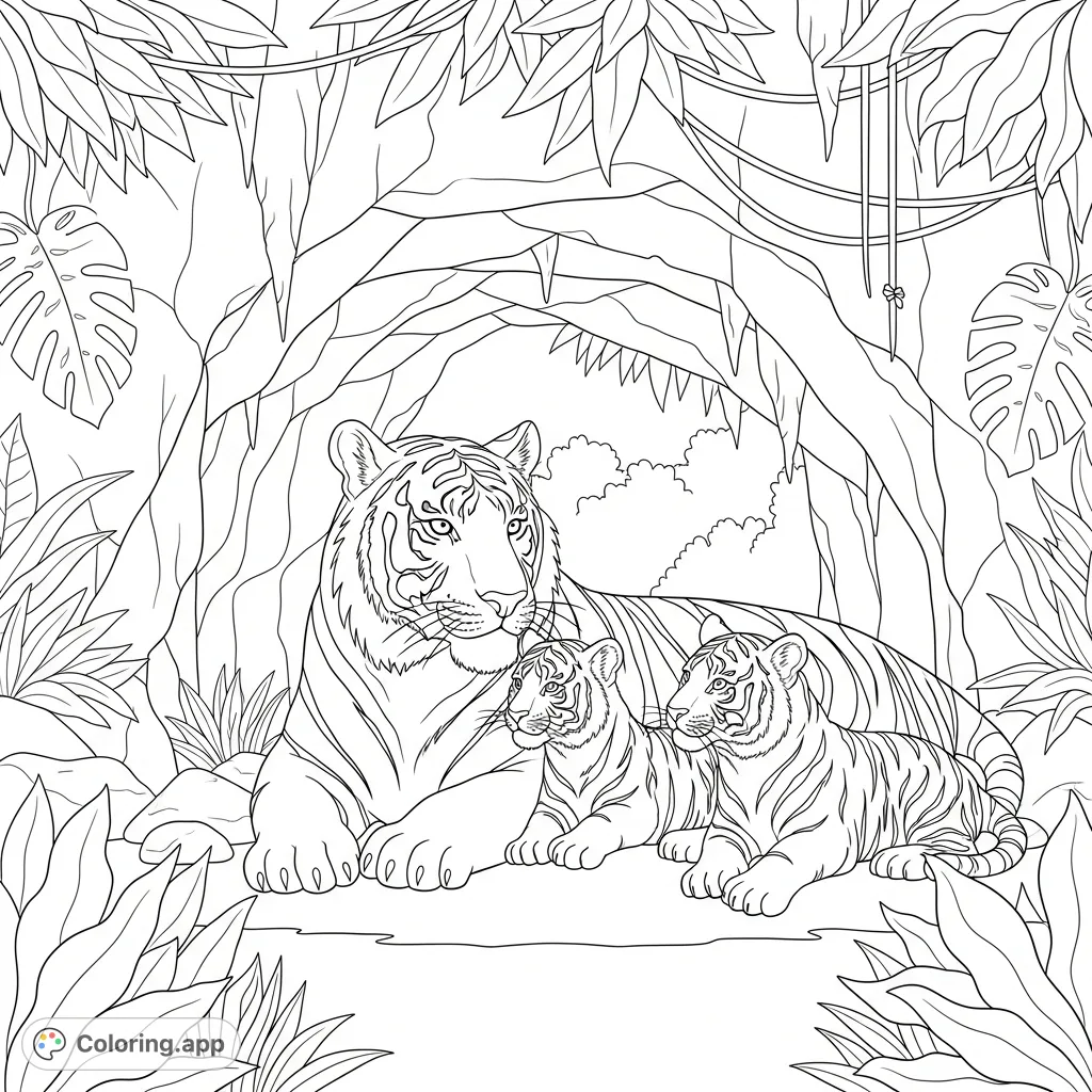 A heartwarming jungle scene featuring a protective mother tiger and her two playful cubs at a cave entrance, surrounded by lush foliage. A perfect jungle animal coloring page.