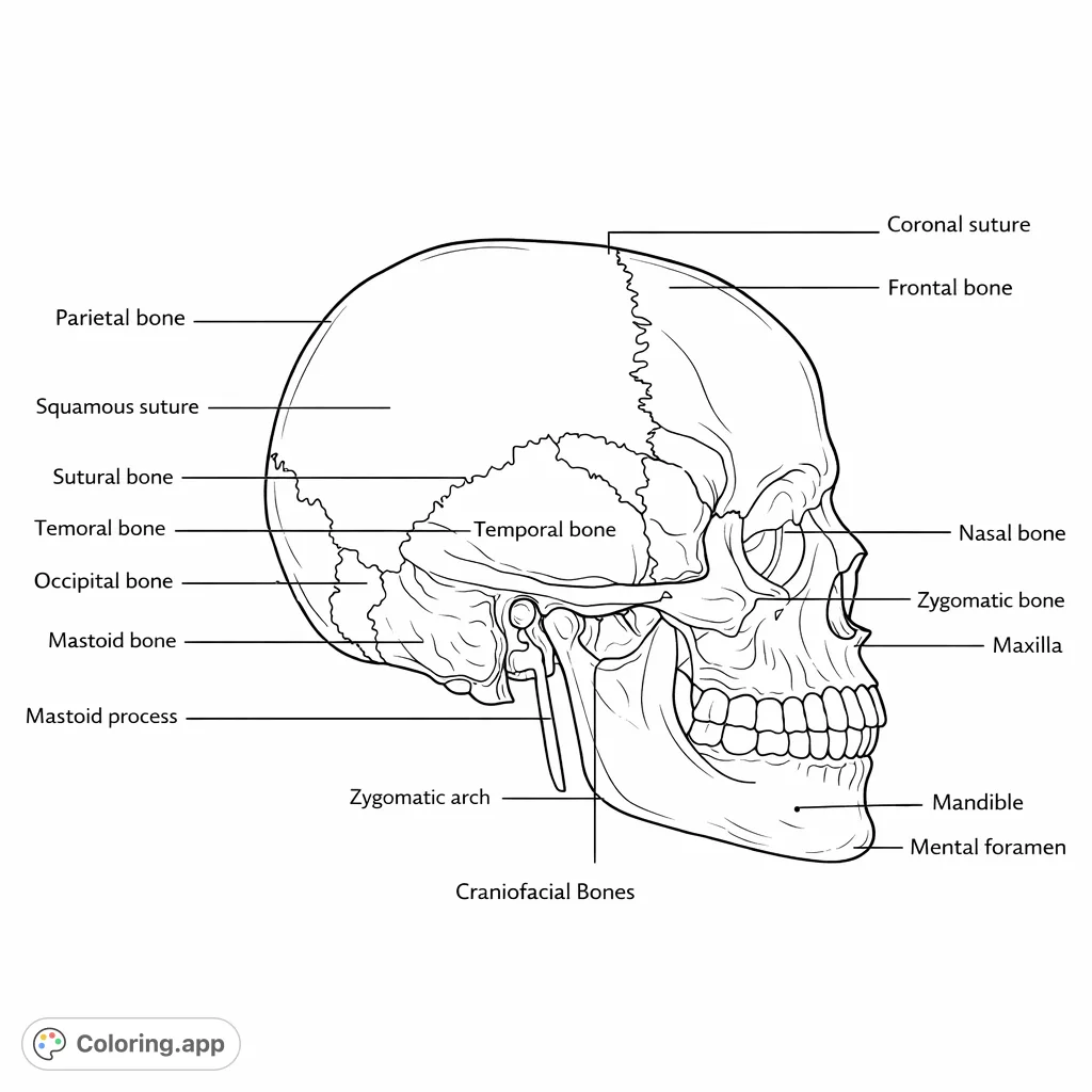 Explore the detailed structure of the human craniofacial bones with this educational coloring page, perfect for anatomy study and creative learning.