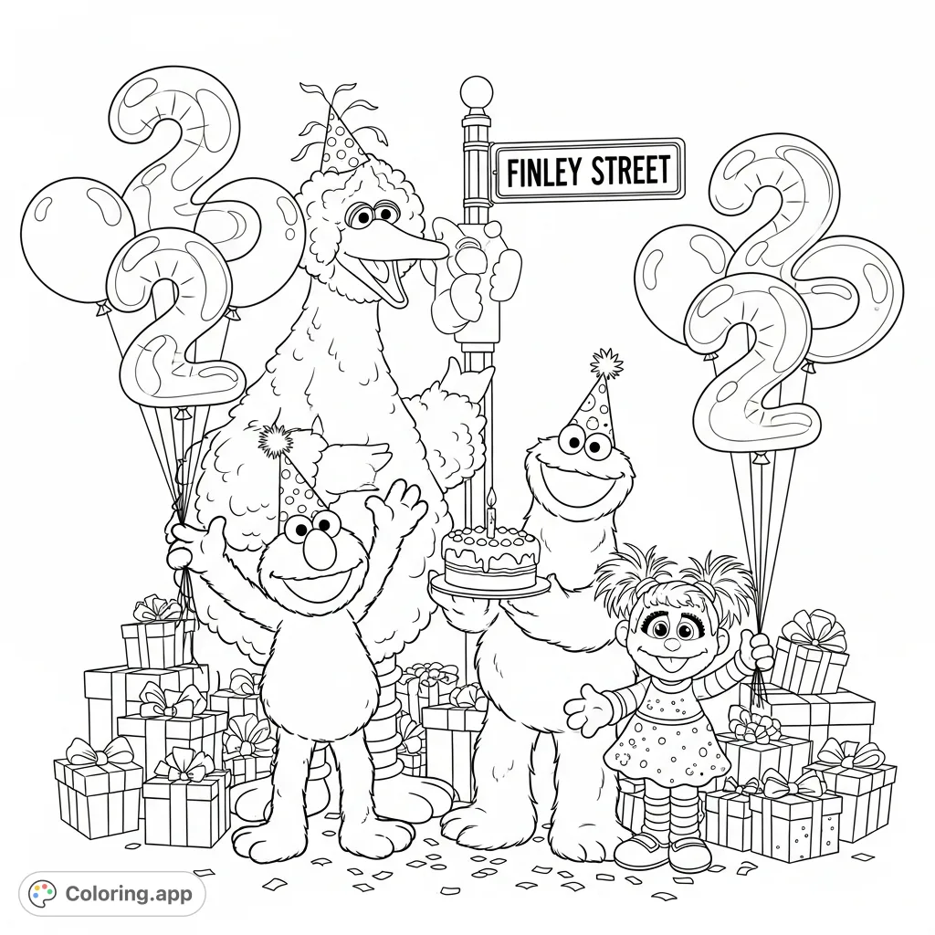 Celebrate with Elmo, Big Bird, Cookie Monster, and Abby on Finley Street! This festive coloring page features a birthday cake, balloons shaped like '2', gifts, and confetti. A joyful scene for all ages.