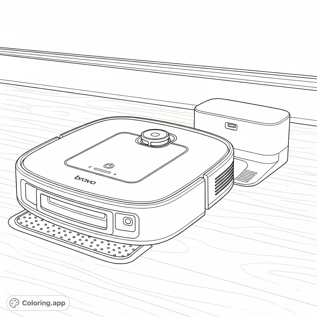 Explore the sophisticated design of a Brava Jet Mop Vacuum, poised on a clean floor. This tech-themed coloring page offers a modern creative challenge.