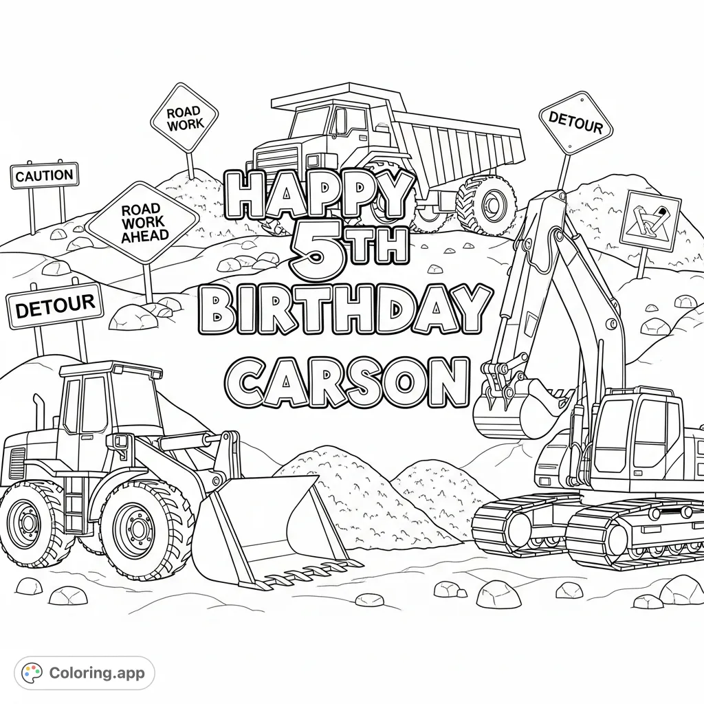 Celebrate Carson's 5th Birthday with a dynamic construction site coloring page featuring powerful vehicles, fun signs, and custom text. Perfect for young builders!