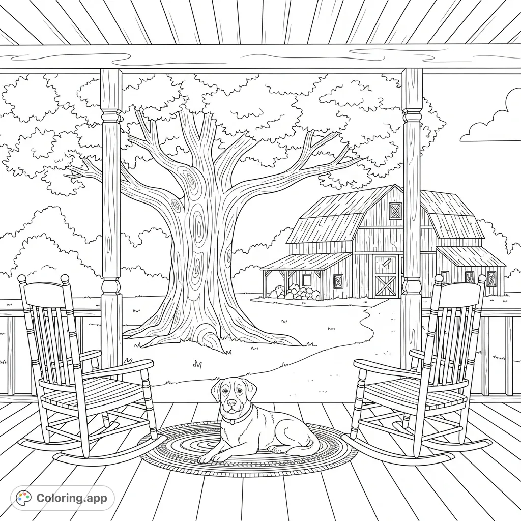 A charming cartoon farmhouse porch, complete with rocking chairs and a relaxed dog. A large tree and rustic barn frame this inviting rural setting.