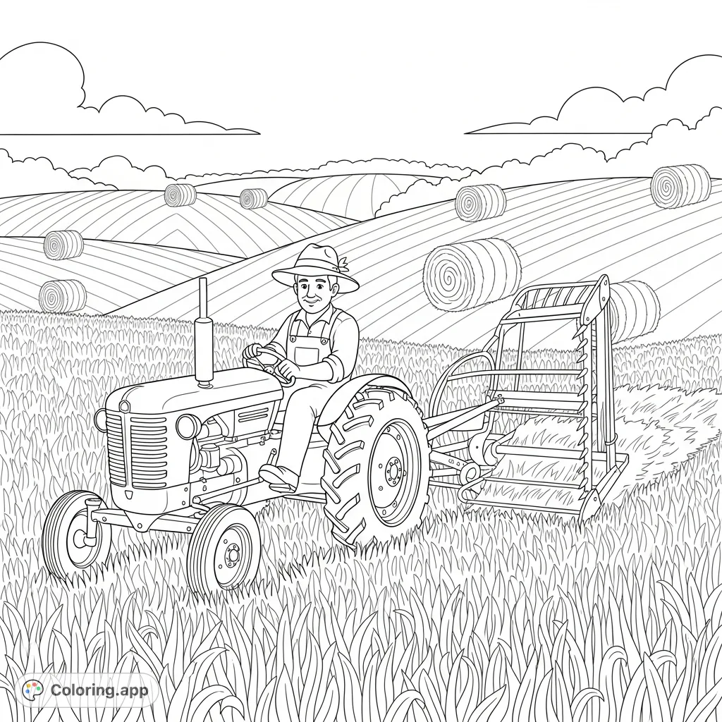 Experience a charming farmhouse scene with a farmer on a tractor cutting hay amidst rolling hills and scattered hay bales. A delightful farm life coloring page.
