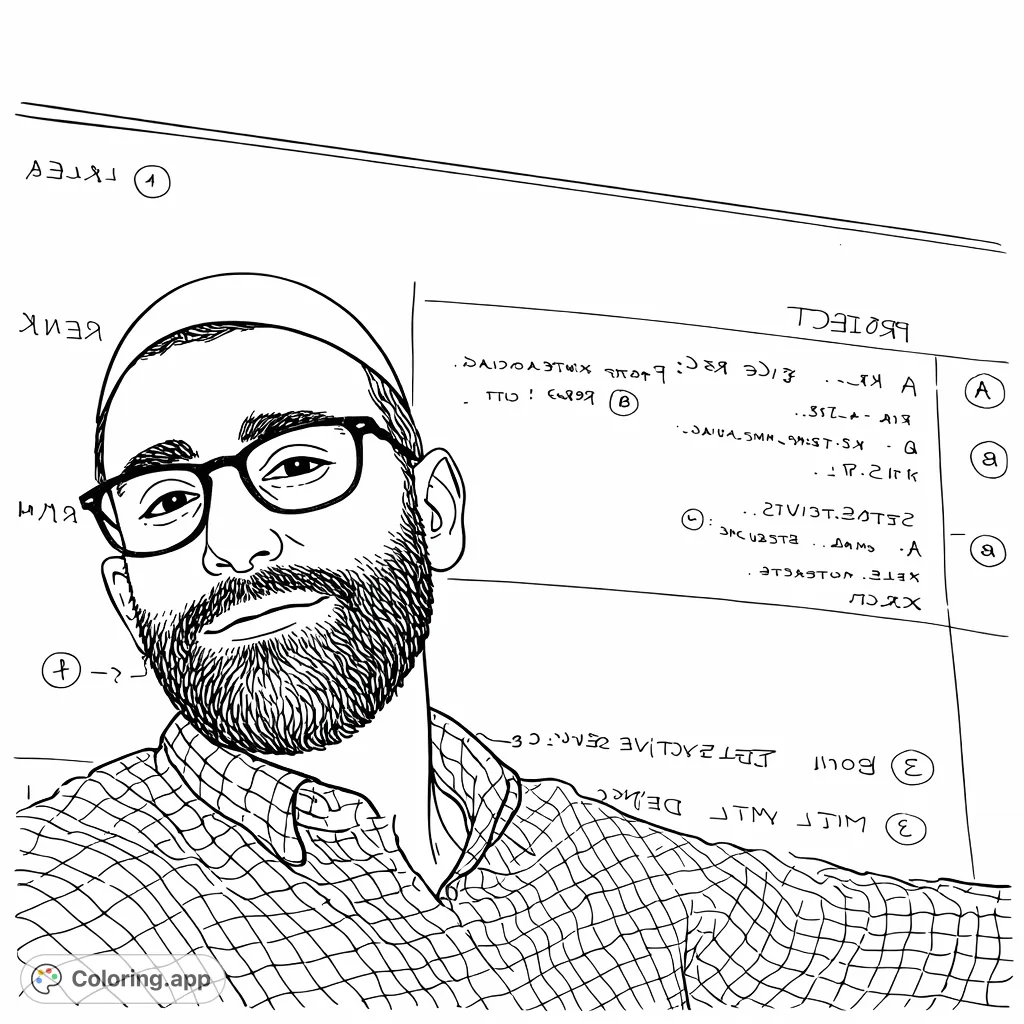 An engaging coloring page featuring a man in a distinctive cap and glasses in front of a detailed whiteboard, perfect for exploring patterns and focus.