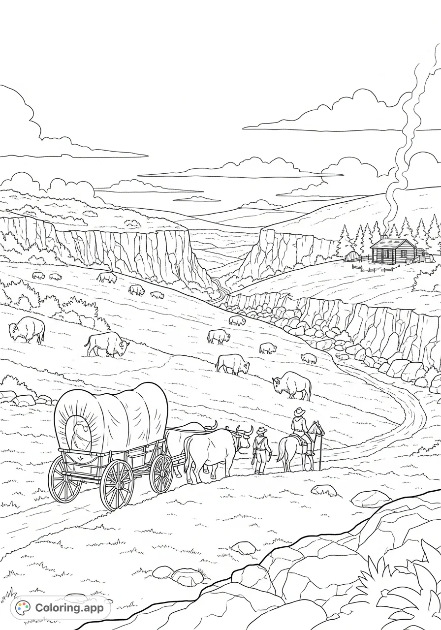 Journey through the historic Cumberland Gap. A wagon and pioneers cross vast plains with bison, leading to a distant, smoke-plumed cabin under an open sky.