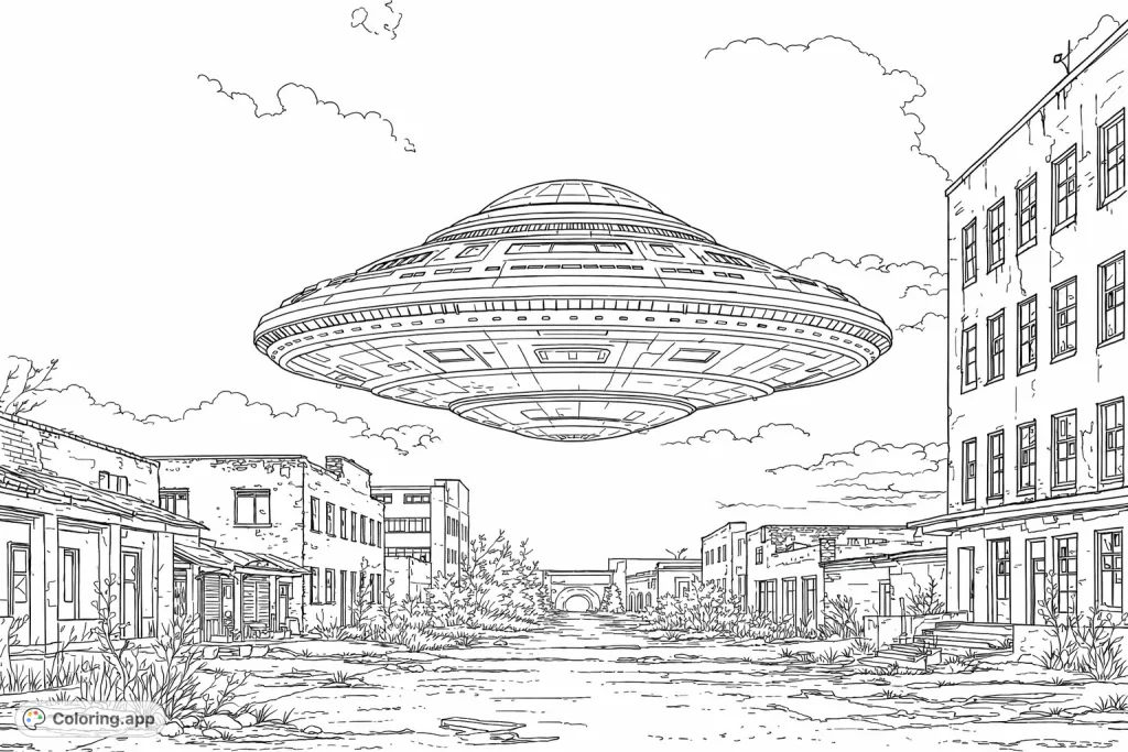 A majestic, detailed disc-shaped craft hovers above a deserted urban landscape, featuring decaying buildings under a cloudy sky, perfect for sci-fi fans.