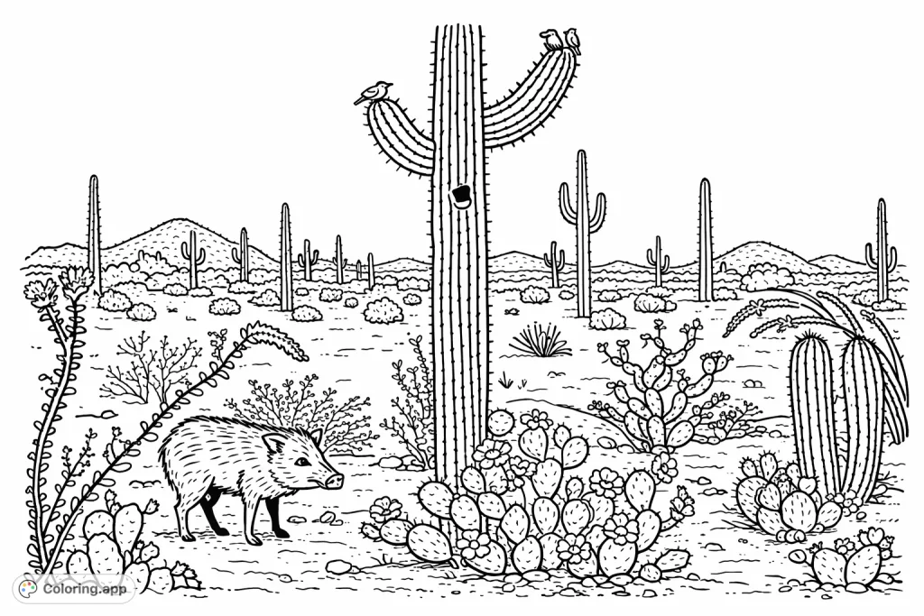 Explore a vibrant desert ecosystem featuring javelinas, towering saguaro cacti, and diverse desert plants. A detailed cartoony scene for all ages.