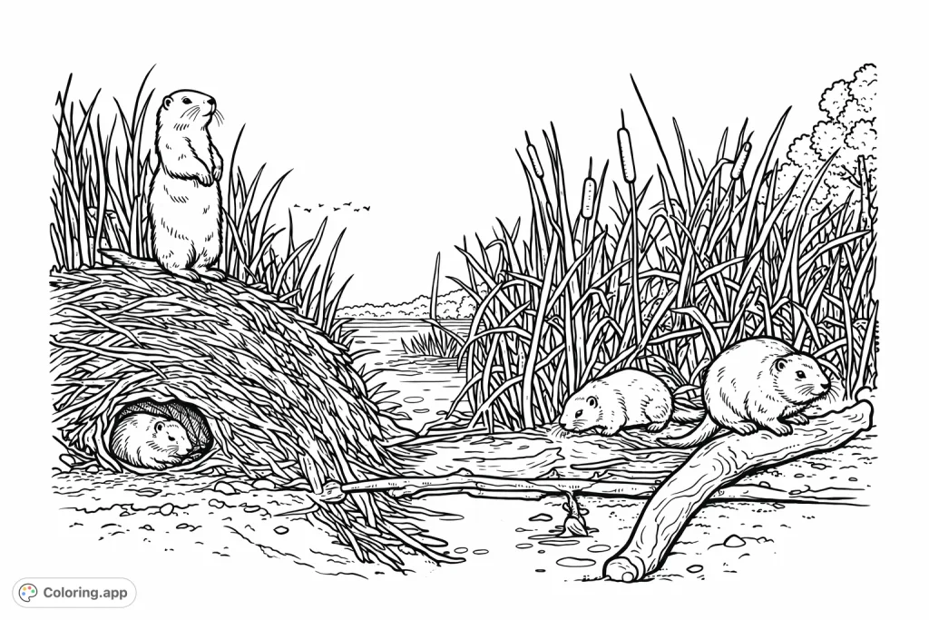 Discover a bustling marshland animal lodge coloring page! Featuring muskrats/beavers in a detailed wetland environment, perfect for nature lovers.
