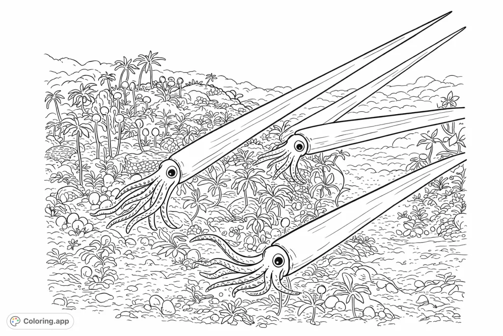 Explore an ancient underwater world! This prehistoric ocean coloring page features three grand nautiloids swimming amidst a vibrant, detailed marine ecosystem. Free printable coloring page.