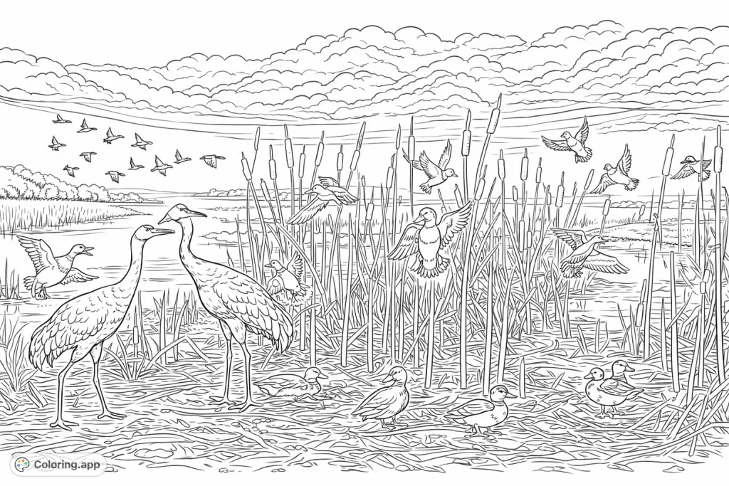 Explore a bustling wetlands bird sanctuary coloring page, featuring graceful cranes, flying ducks, and dense reeds under a cloudy sky. A highly detailed scene for nature lovers.