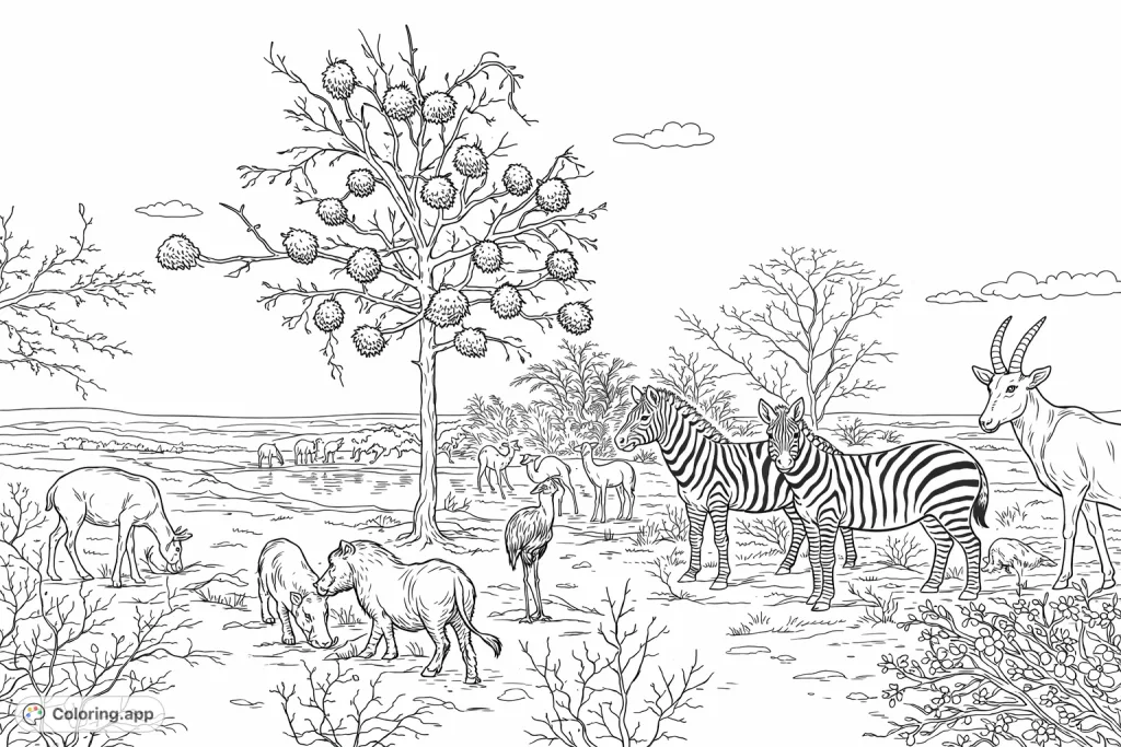 Explore a bustling savanna scene! Zebras, antelopes, and various wildlife gather by a watering hole under a vast sky, with detailed trees and nests.