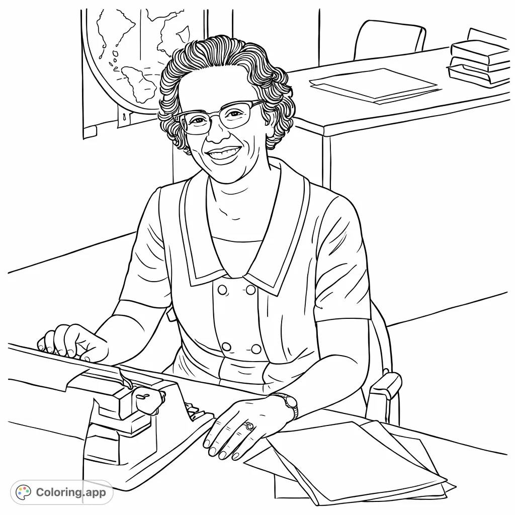 A thoughtful tribute to a brilliant human computer. This engaging coloring page captures her at work in an office, perfect for inspiring young minds and adults alike.