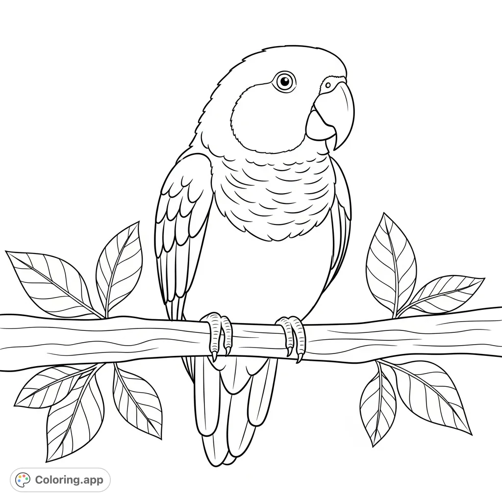 A charming African parrot sits on a simple branch with leaves, offering large open spaces for a delightful coloring experience. Perfect for young artists!