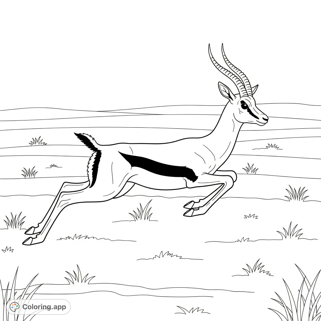 An elegant gazelle leaps gracefully across a simplified grassland scene. Perfect for animal lovers and young artists to color with open spaces and clear lines.