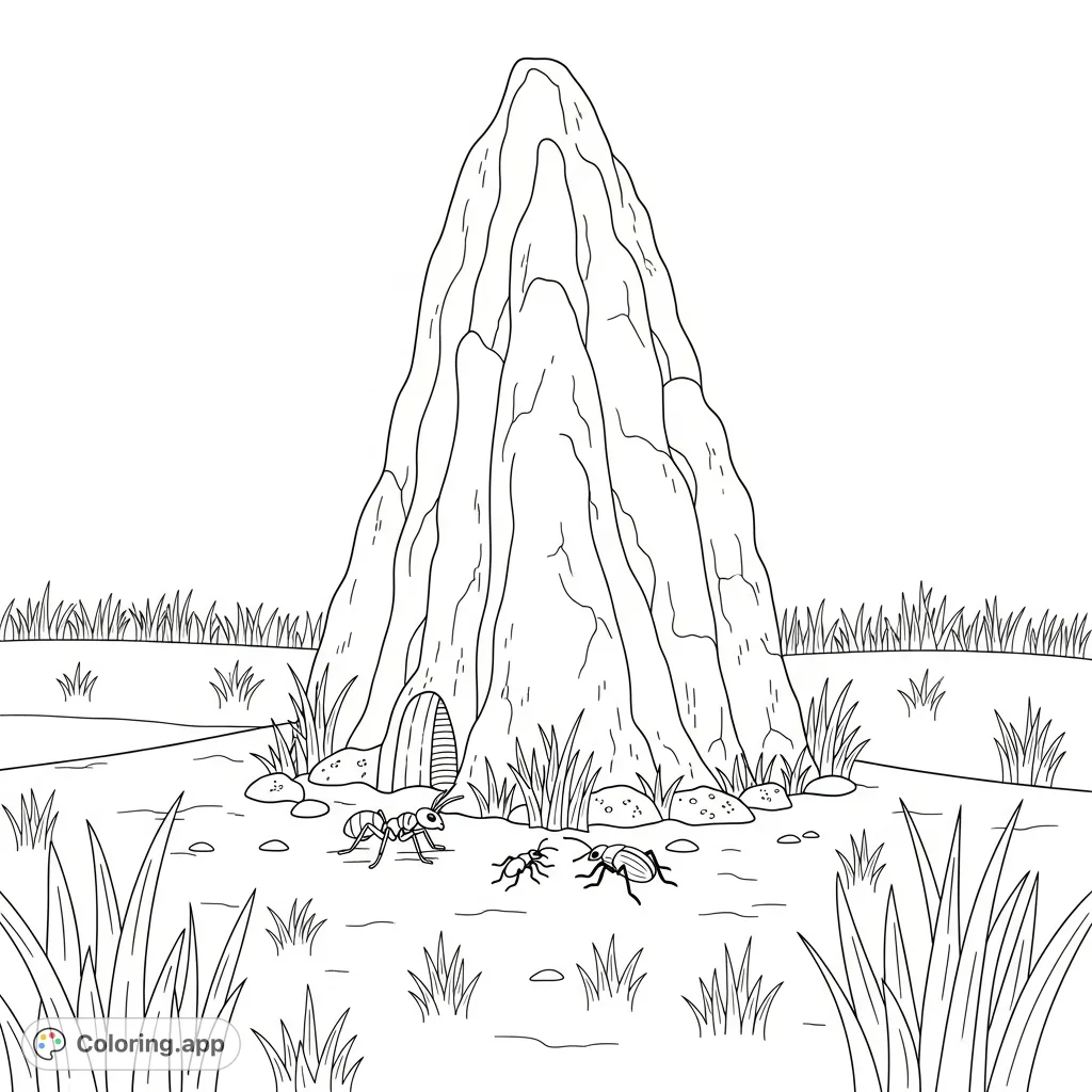Discover a towering termite mound amidst a serene grassland, featuring tiny insects. A perfect, free printable nature coloring page for curious minds.