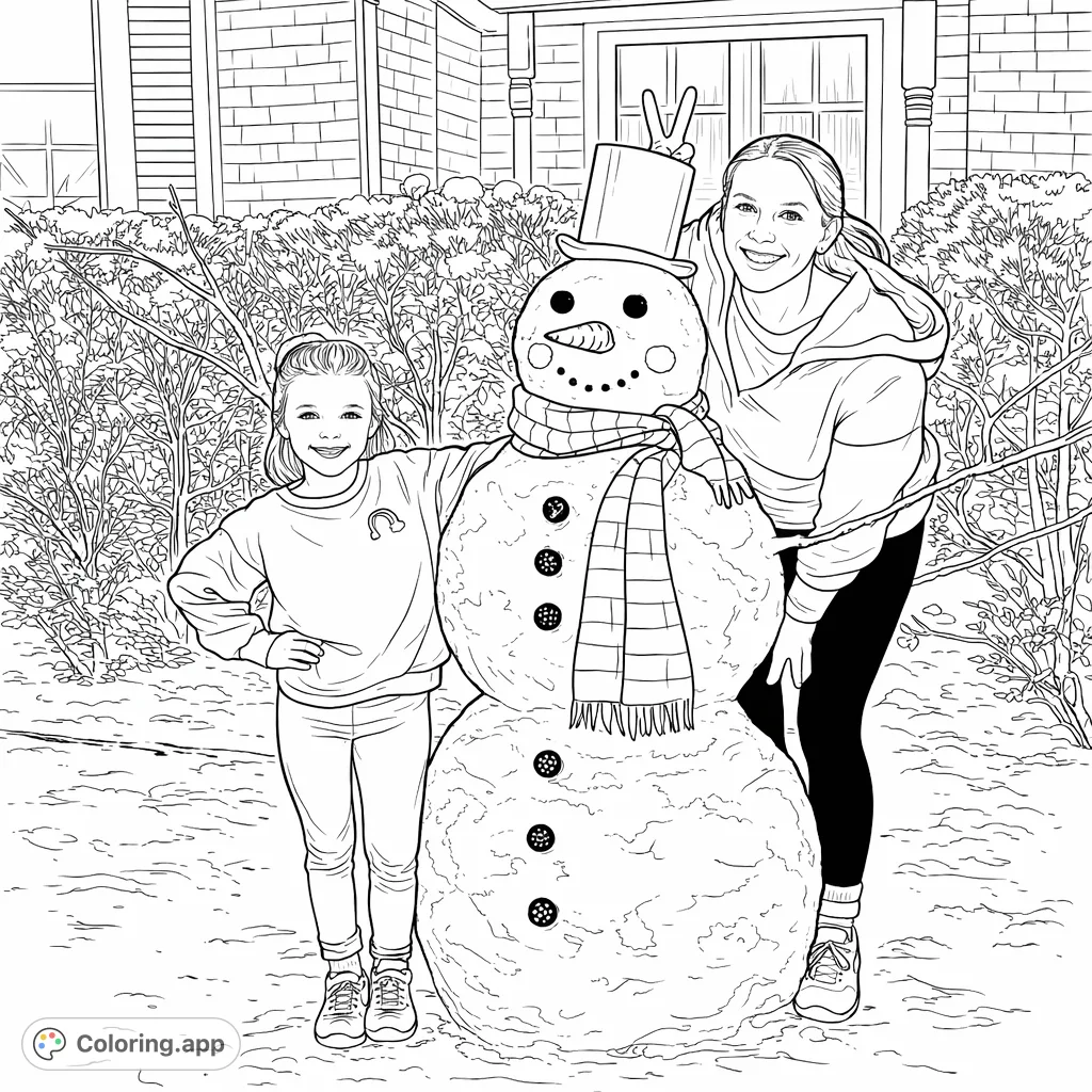 Capture winter joy! A delightful snowman stands proudly with a smiling girl and woman in a snowy setting, ready for your creative touch.
