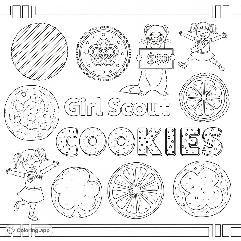A delightful Girl Scout cookies coloring page featuring a variety of patterned cookies, cheerful girls, a ferret, and iconic text for a fun coloring experience.