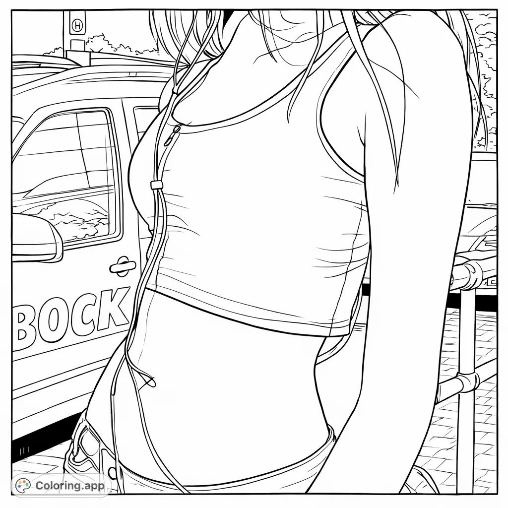 Capture a modern street style look featuring a cropped top, low-rise jeans, and earphone details, set against an urban backdrop.