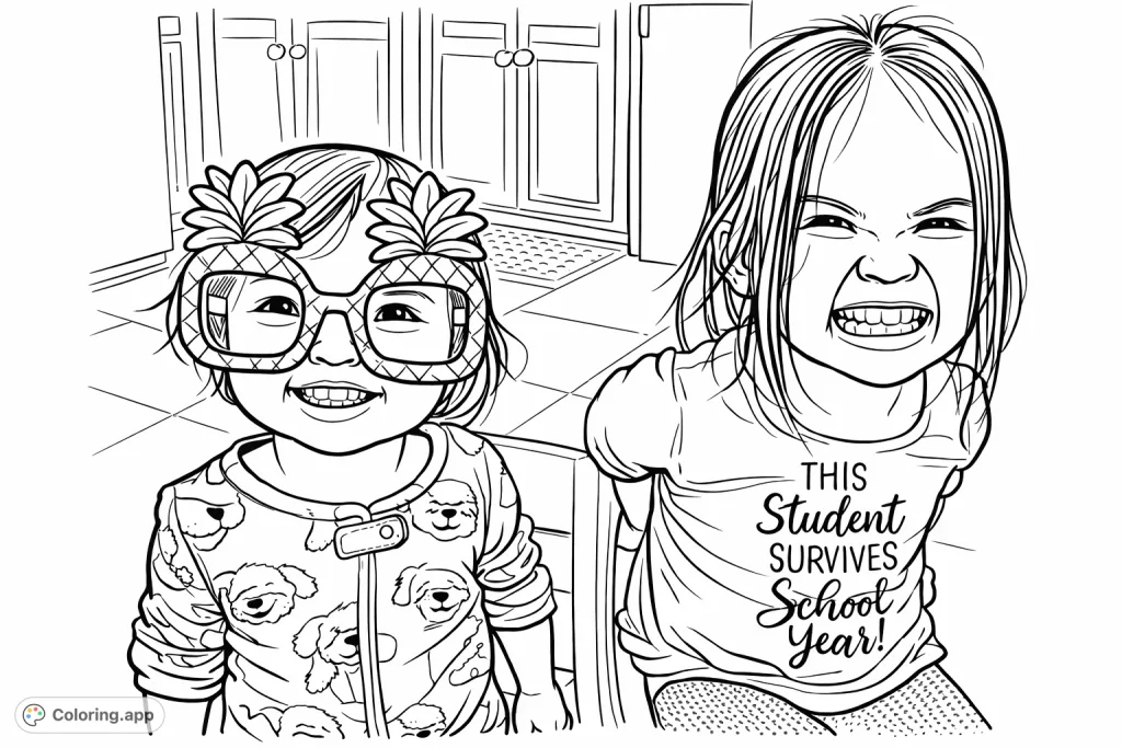 A delightful kids playing coloring page featuring two expressive children, one with fun pineapple glasses, perfect for a cartoony and moderately detailed coloring adventure!