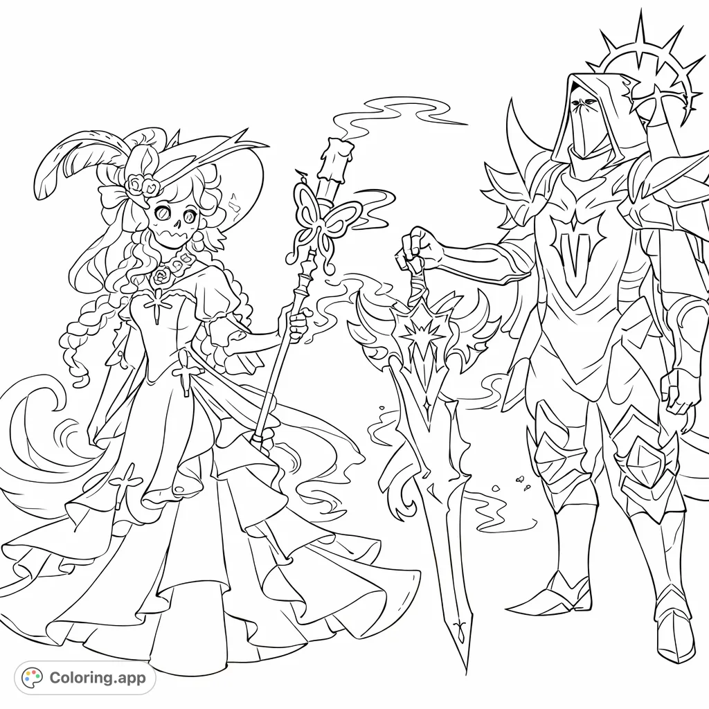 Unleash your creativity with this fantasy duo coloring page, featuring an elegant sorceress and a valiant armored knight in intricate detail.