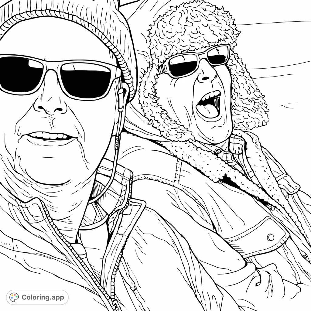 Capture a moment of outdoor joy with two individuals in winter gear, one with an expressive, wide-open mouth, perfect for a fun coloring session.