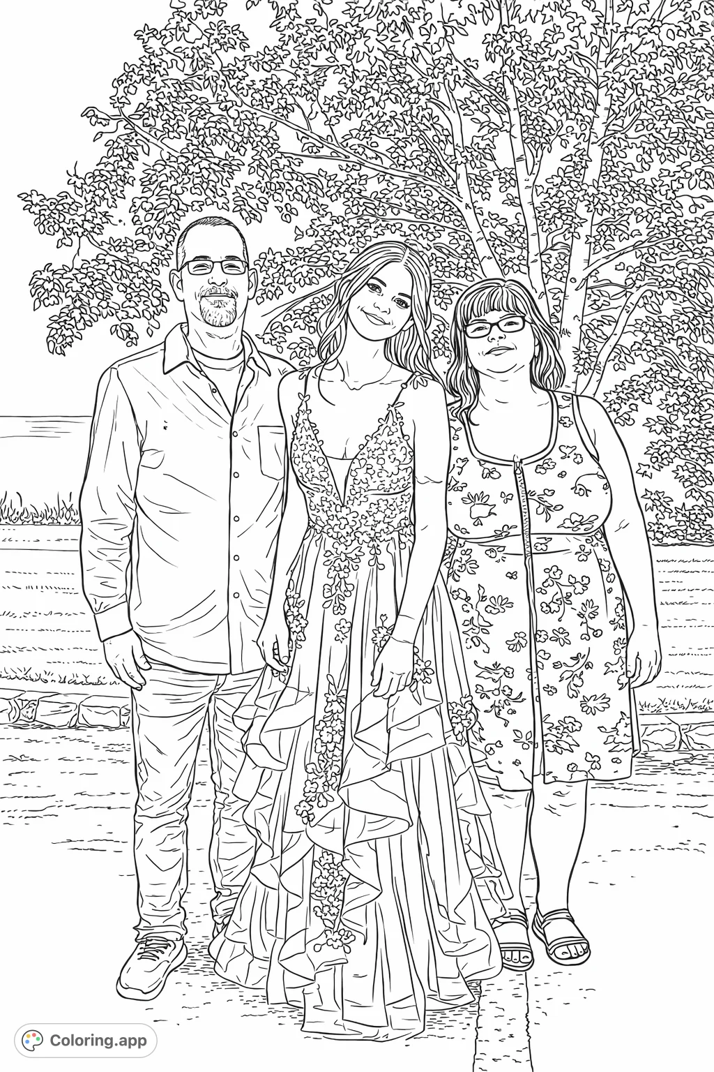 Capture a special family moment featuring a young woman in an elegant gown with her parents. This detailed formal portrait offers a wonderful opportunity for creative expression.