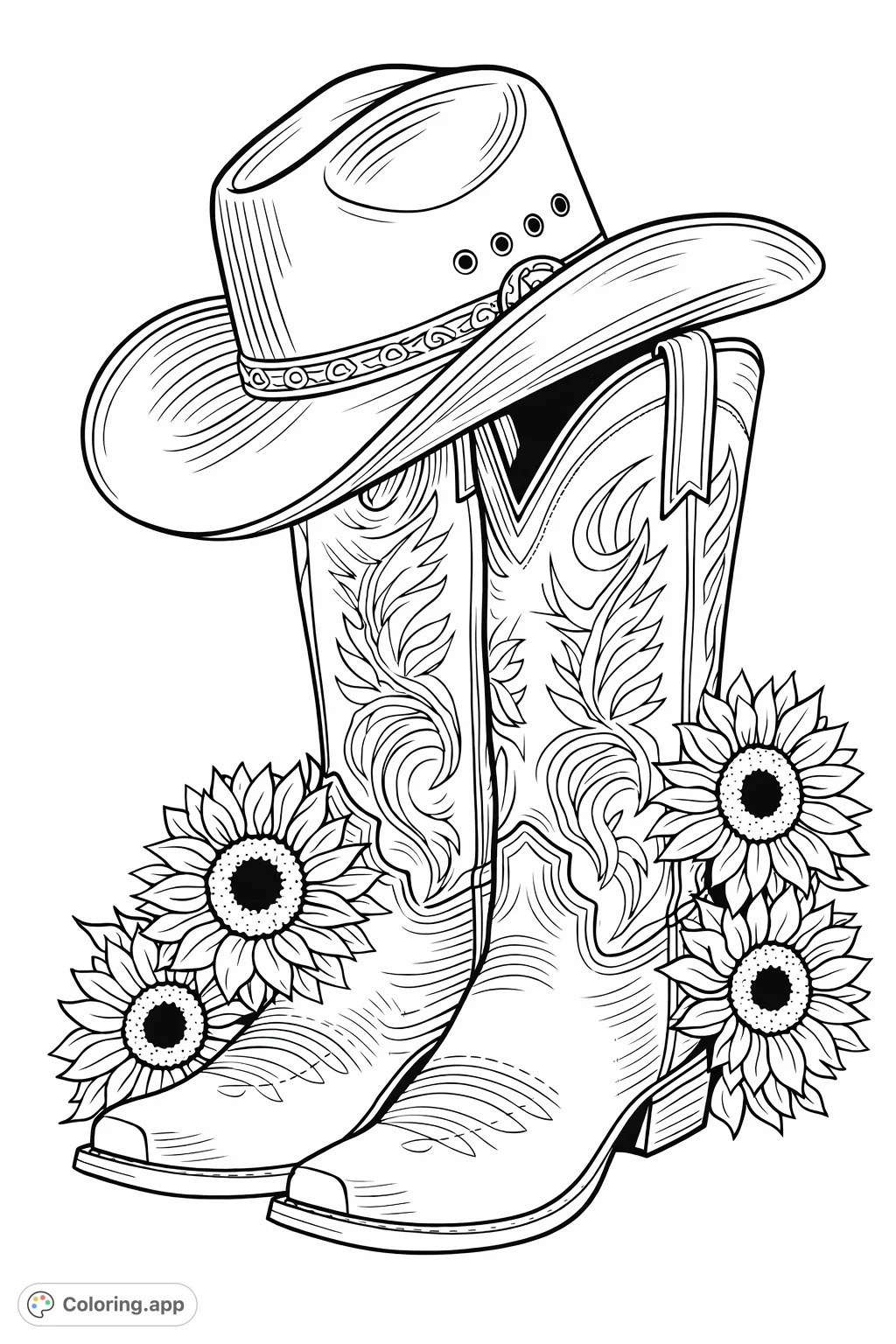Capture the spirit of the wild west with this rustic cowboy ensemble coloring page. Features a detailed hat, ornate boots, and sunflowers.