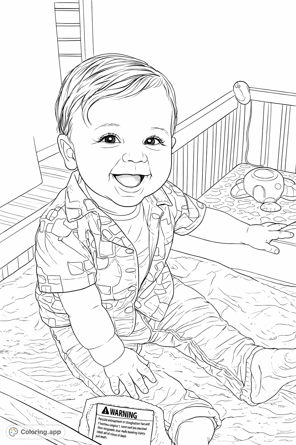 Capture the pure joy of a smiling baby in a crib, featuring a detailed patterned outfit and a comforting nursery setting for a heartwarming coloring experience.