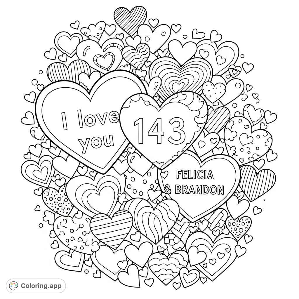 A charming display of doodle hearts, varying in size and pattern, featuring loving messages like "I love you," "143," and "Felicia & Brandon."