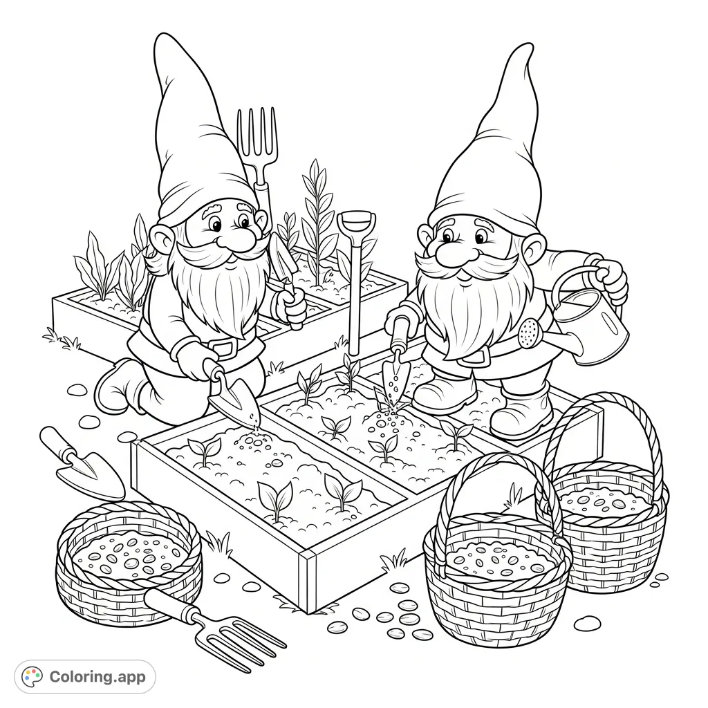 Whimsical gnomes bring their magic to the garden, diligently planting seeds in raised beds amidst tools and baskets. A charming nature scene.
