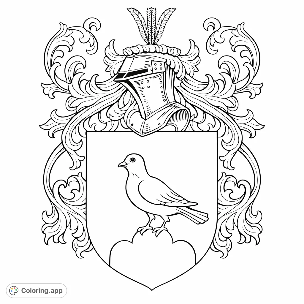 Explore this detailed heraldic crest coloring page, featuring a distinguished knight's helm, a shield with a bird on a mound, and elegant scrollwork. A free printable coloring page.