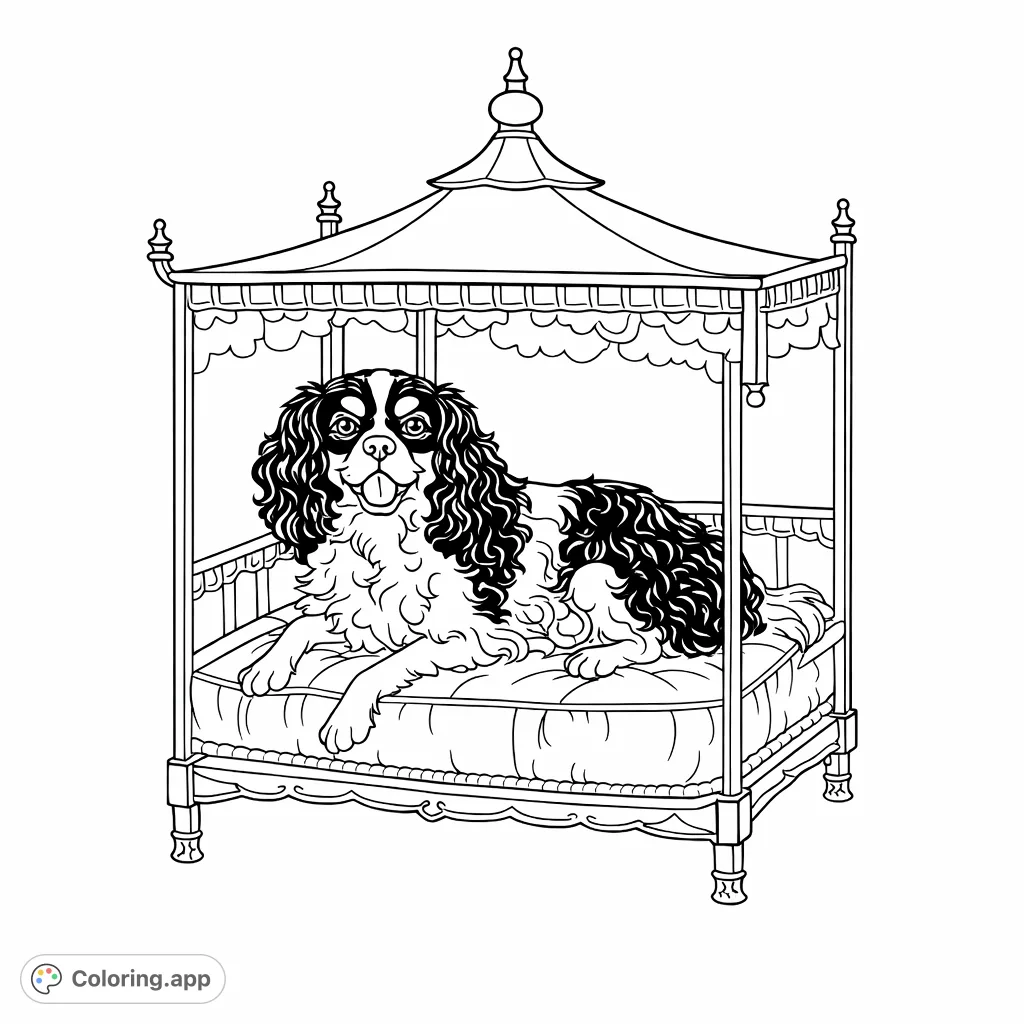 A charming dog lounges regally on a plush bed with an ornate canopy, offering intricate details for a relaxing and engaging coloring experience.