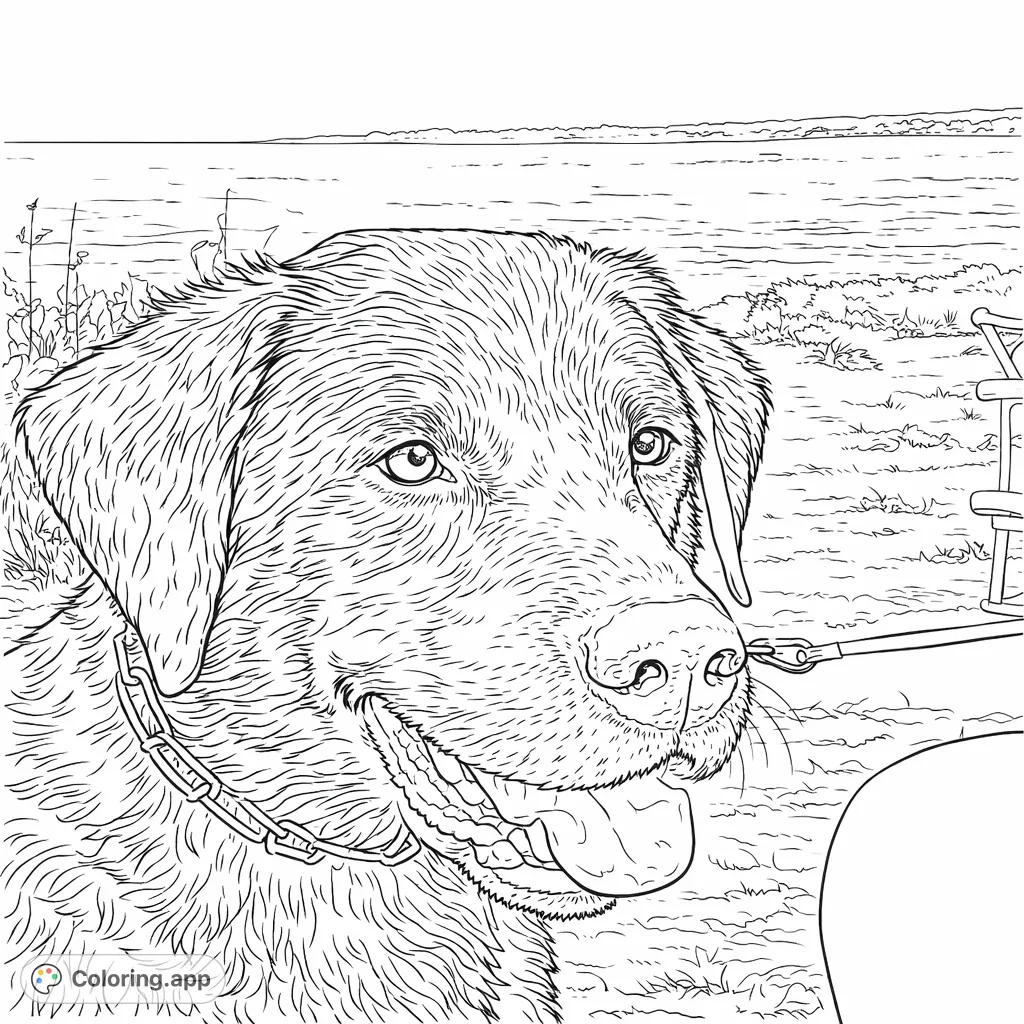 Color this charming wet dog by the water, featuring detailed fur and a scenic coastal backdrop. Perfect for dog lovers to enjoy a relaxing creative escape.