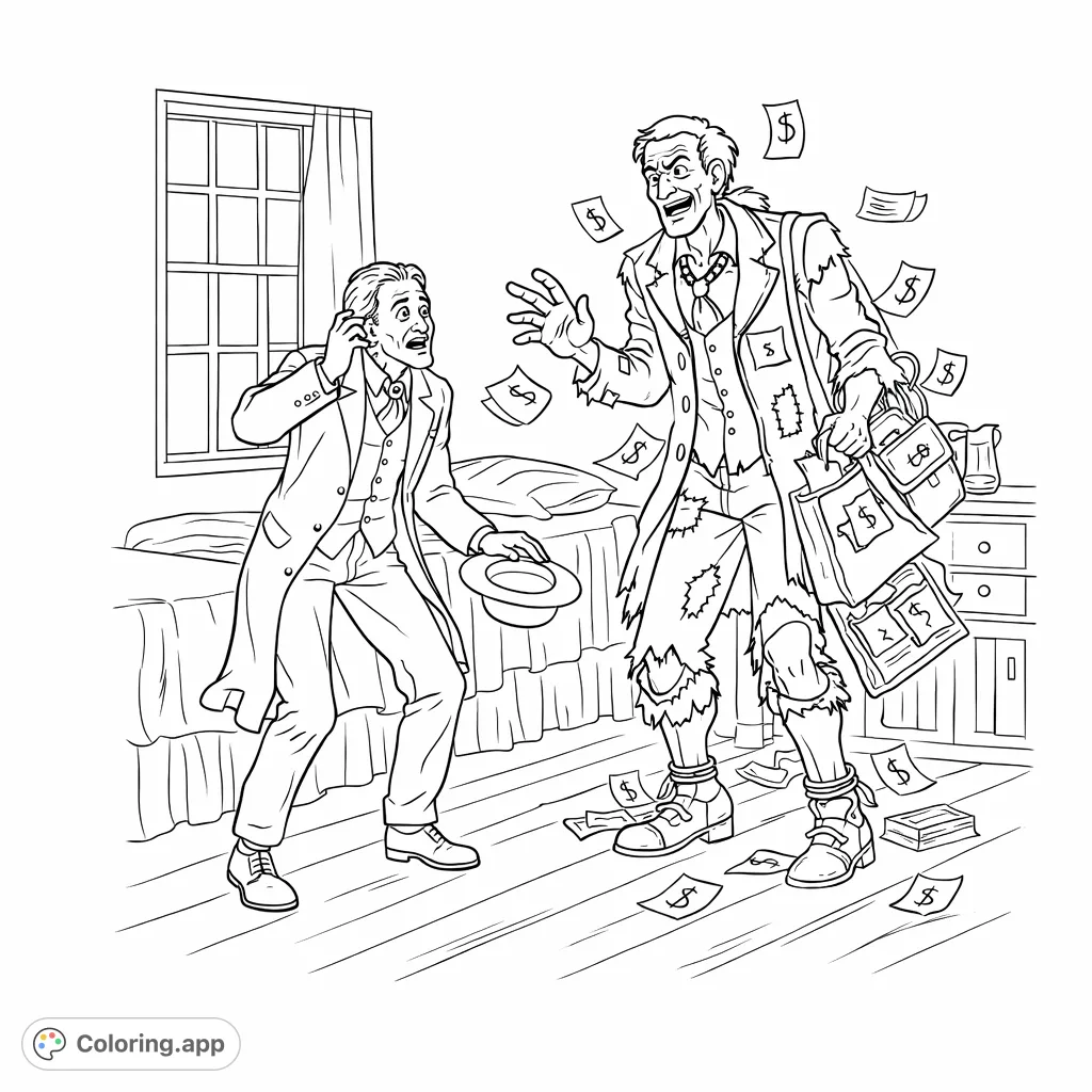 A dramatic scene unfolds with a startled man confronting a chained, spectral figure in a detailed bedroom. A classic tale rendered for creative expression.