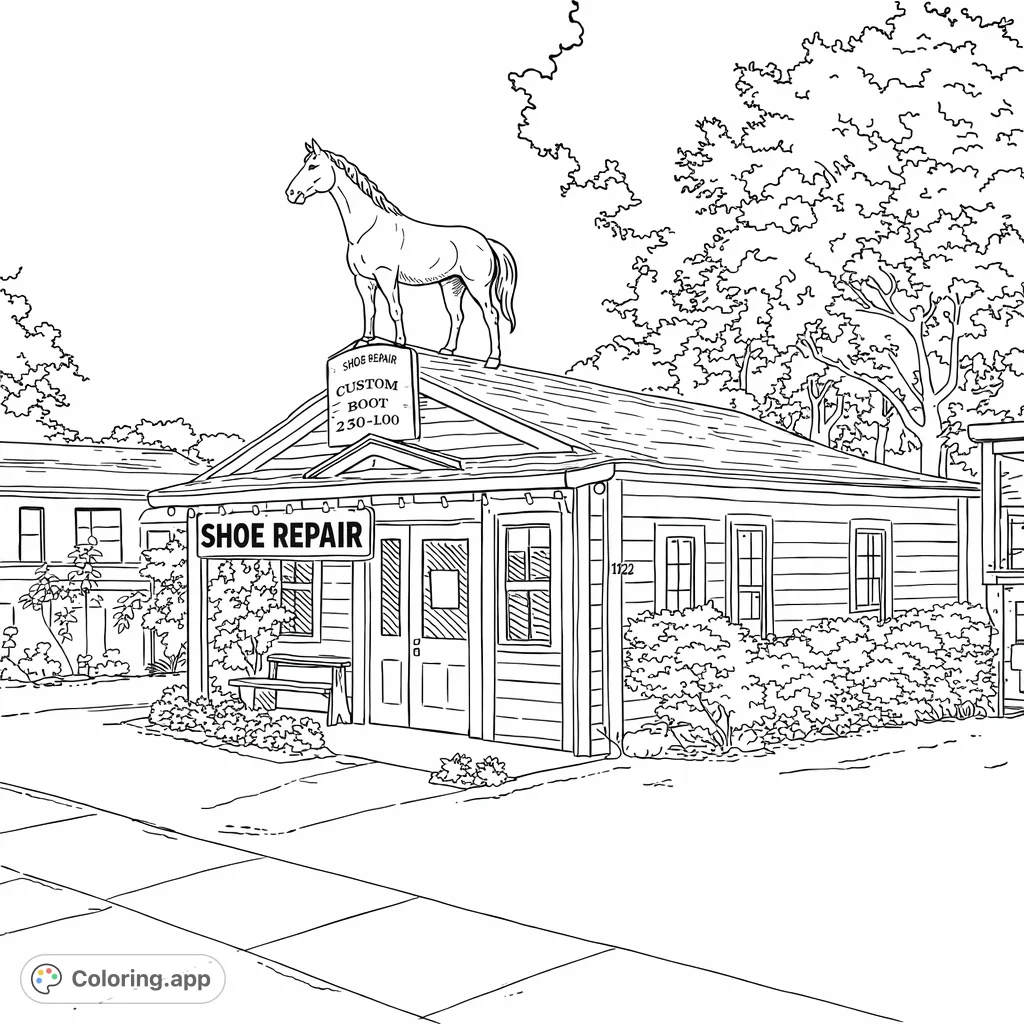 Discover this unique shoe repair shop with a surprising equine resident on its roof. A whimsical scene perfect for detailed coloring!
