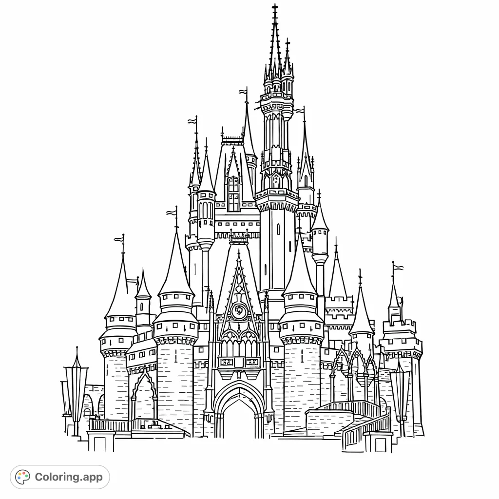 Step into a world of imagination with this majestic grand fantasy castle coloring page, featuring intricate spires, turrets, and regal details.