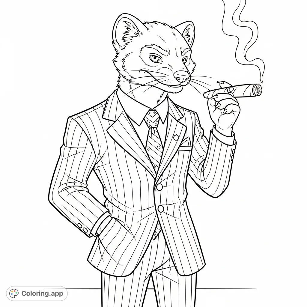 Color Don Weaso from Conker's Bad Fur Day, featuring his iconic pinstripe suit, cigar, and cunning expression. A detailed video game coloring page for fans.