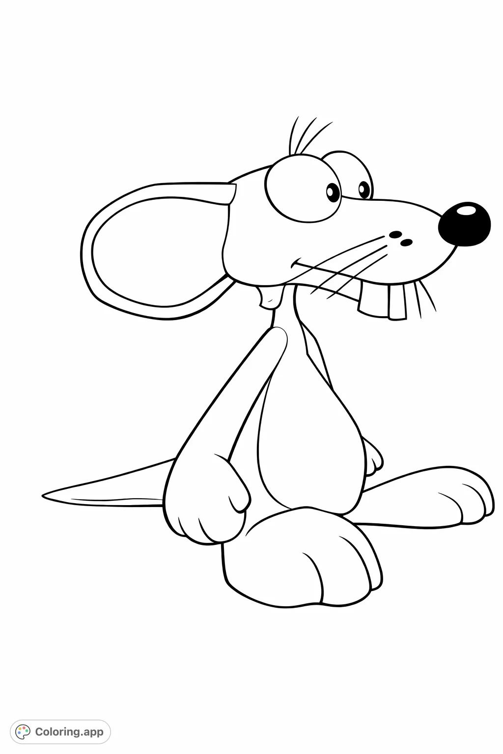 An adorable, wide-eyed cartoon mouse character stands upright, featuring large ears, prominent incisor teeth, and a long tail, perfect for a fun coloring session.