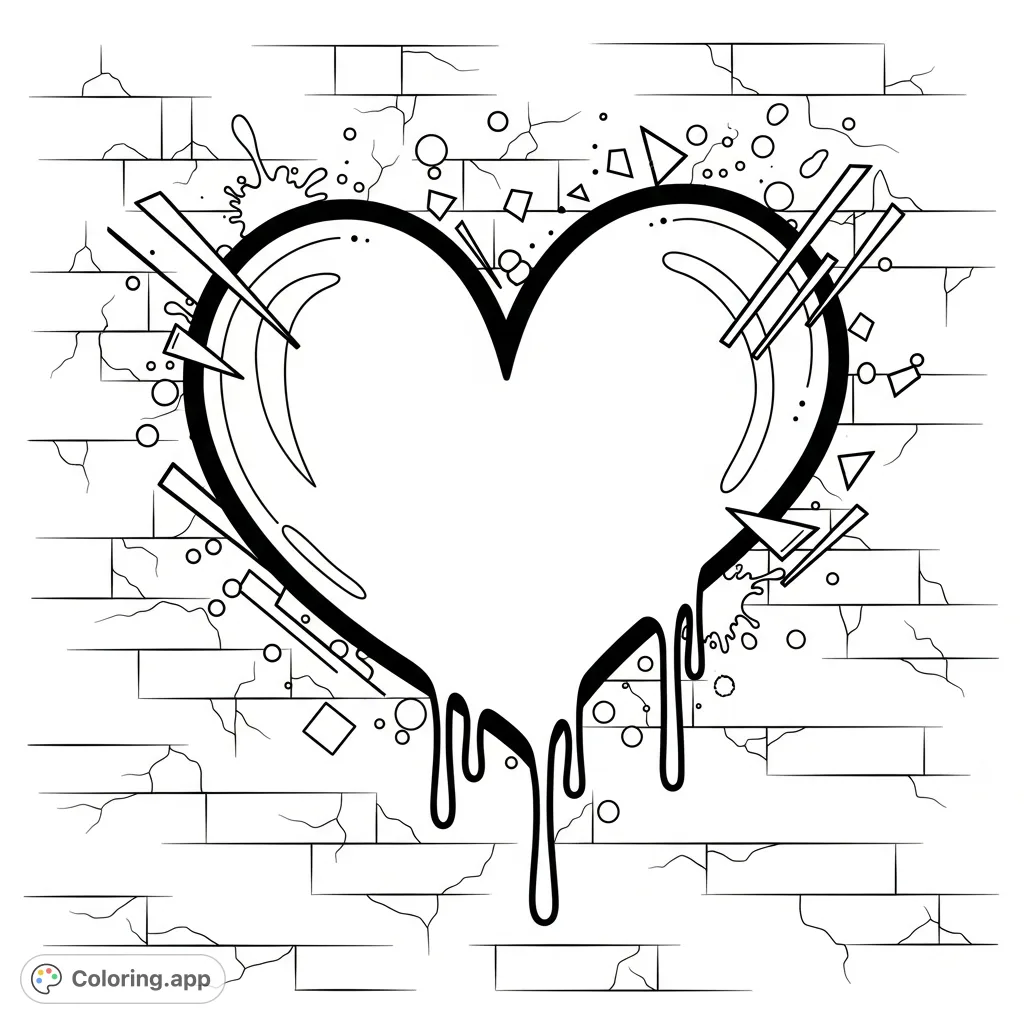 A dynamic graffiti heart coloring page featuring bold outlines, expressive drips, and abstract patterns, set against an urban brick wall background. Unleash your inner street artist!
