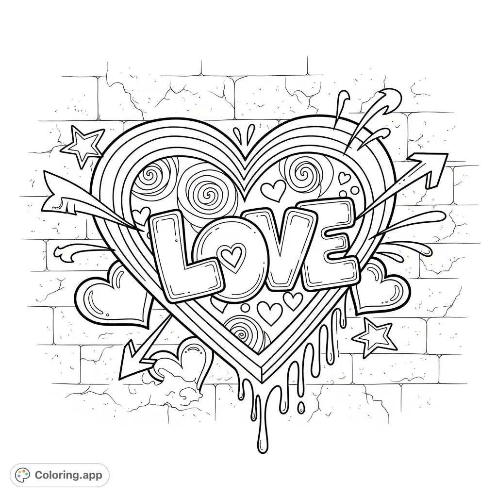 Unleash your creativity with this cool graffiti heart coloring page, blending street art vibes with sweet Valentine's Day themes. Perfect for unique expression!