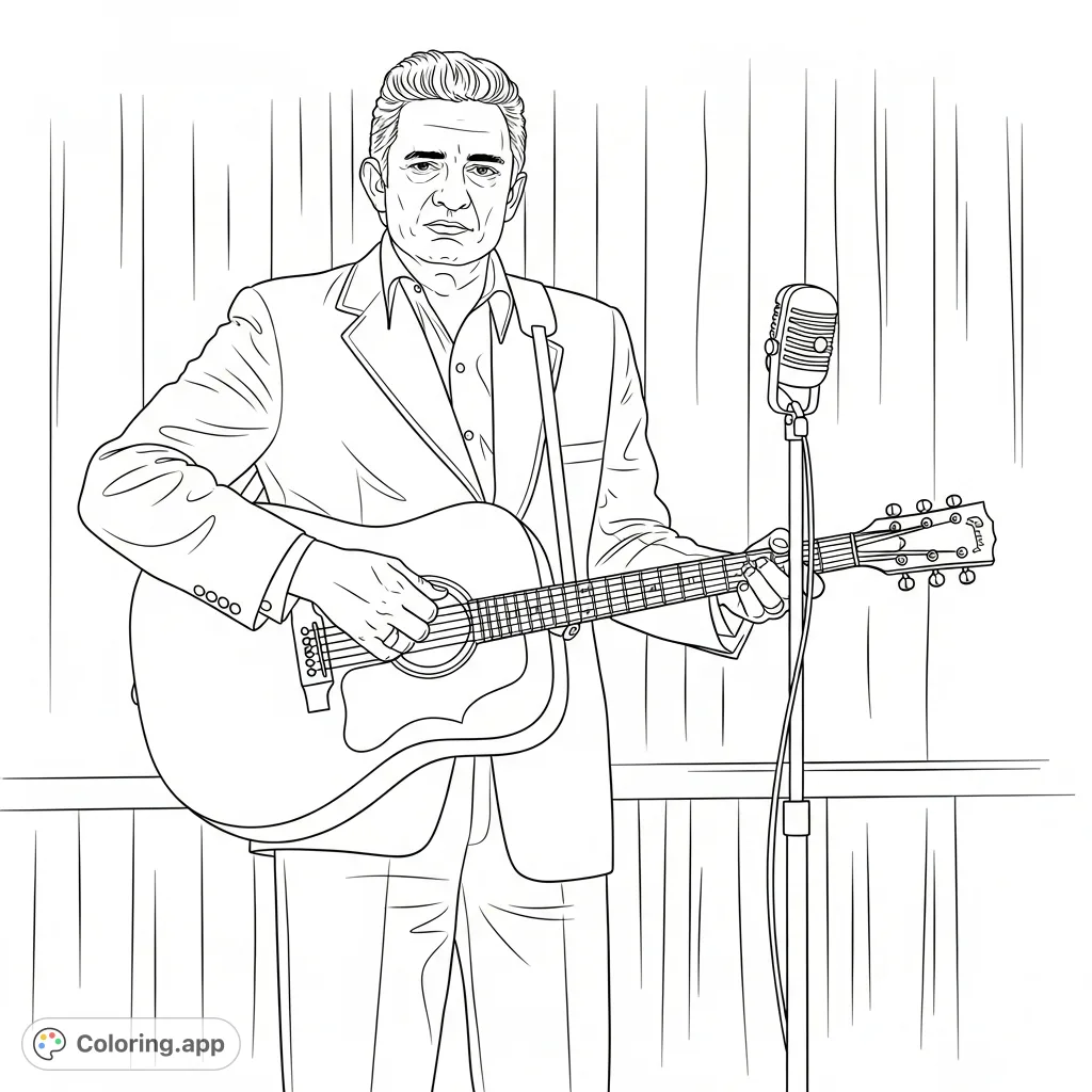 A classic Johnny Cash coloring page featuring the iconic 'Man in Black' with his acoustic guitar, ready to perform. Perfect for music enthusiasts.