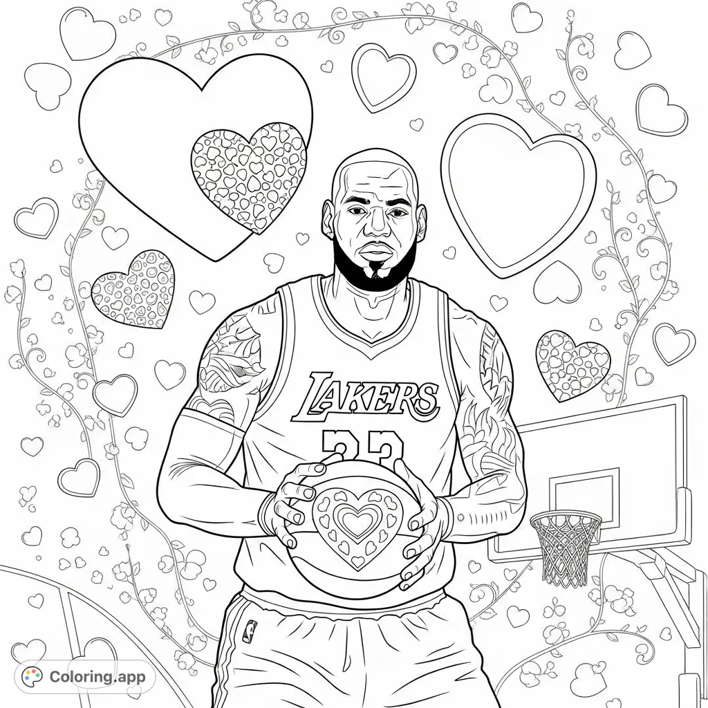 A unique Lebron James Valentine's Day coloring page! Featuring the basketball star surrounded by hearts and a heart-patterned basketball. Perfect for fans!